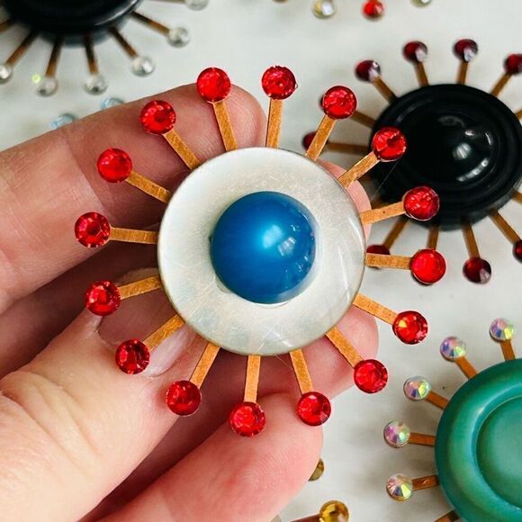 Upcycled Atomic Starburst Refrigerator Magnet Buttons Rhinestones Blue Red - Picture 3 of 5